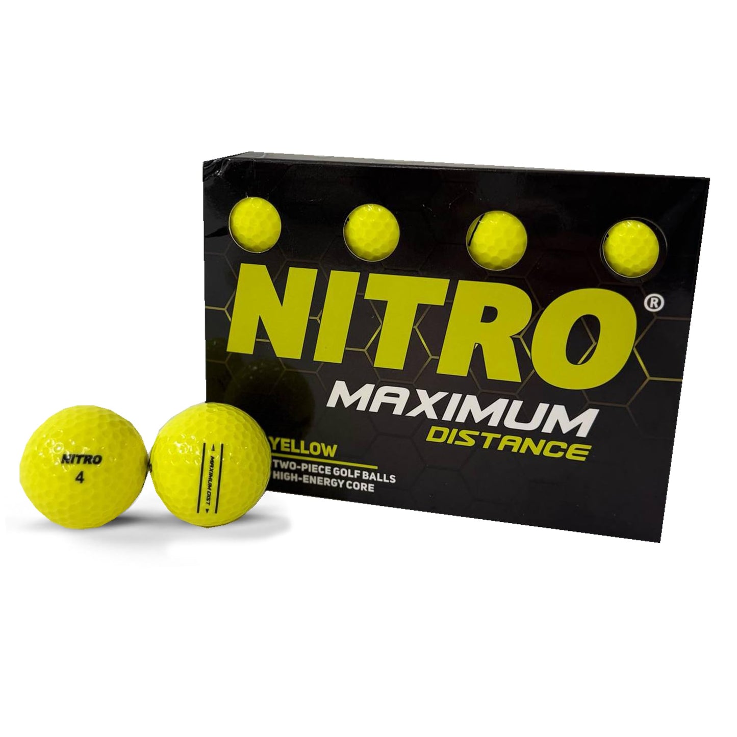Nitro Long Distance Golf Balls (12PK) All Levels Maximum Distance Titanium Core 85 Compression High Velocity Spin Control Long Distance Golf Balls
