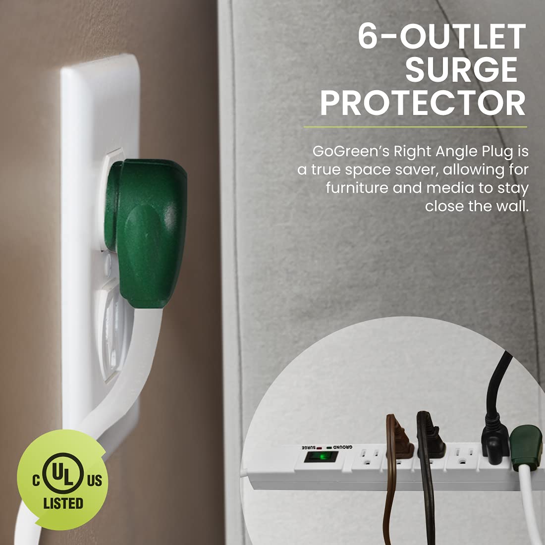 Go Green Power Inc. (GG-16315-15) 6 Outlet Surge Protector, 1200 Joules, White, 15 Ft Cord