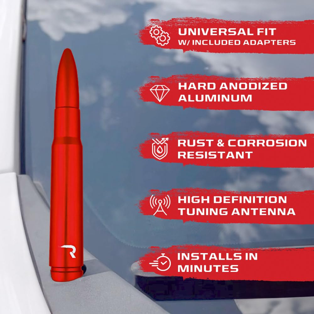 RECON - 50 Cal Bullet Style Truck/SUV Aluminum Antenna 5" - Multiple Colors (Fits OEM Factory Threaded Antennas) (Red)