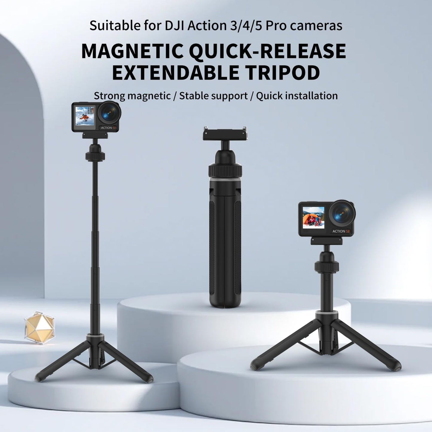 YUNJITONN Magnetic Quick Release Extension Rod Compatible with DJI Osmo Action 5 Pro/4/3/360, Extendable Selfie Stick Tripod, Black, Portable Vlog