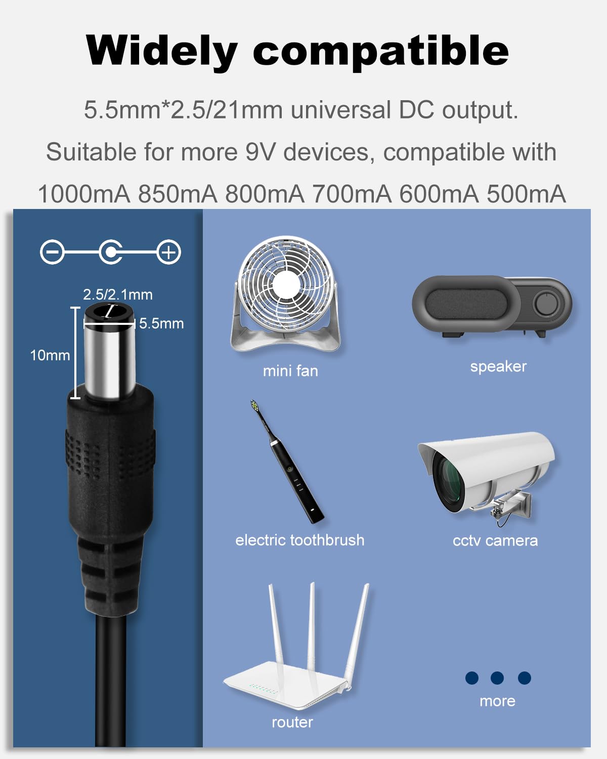 9V 1A DC Power Adapter, AC 100-240V 50-60Hz to DC 9 Volt 1Amp Power Supply Cord with 【5.5mm x 2.5mm Barrel Jack - Tip Center Positive】
