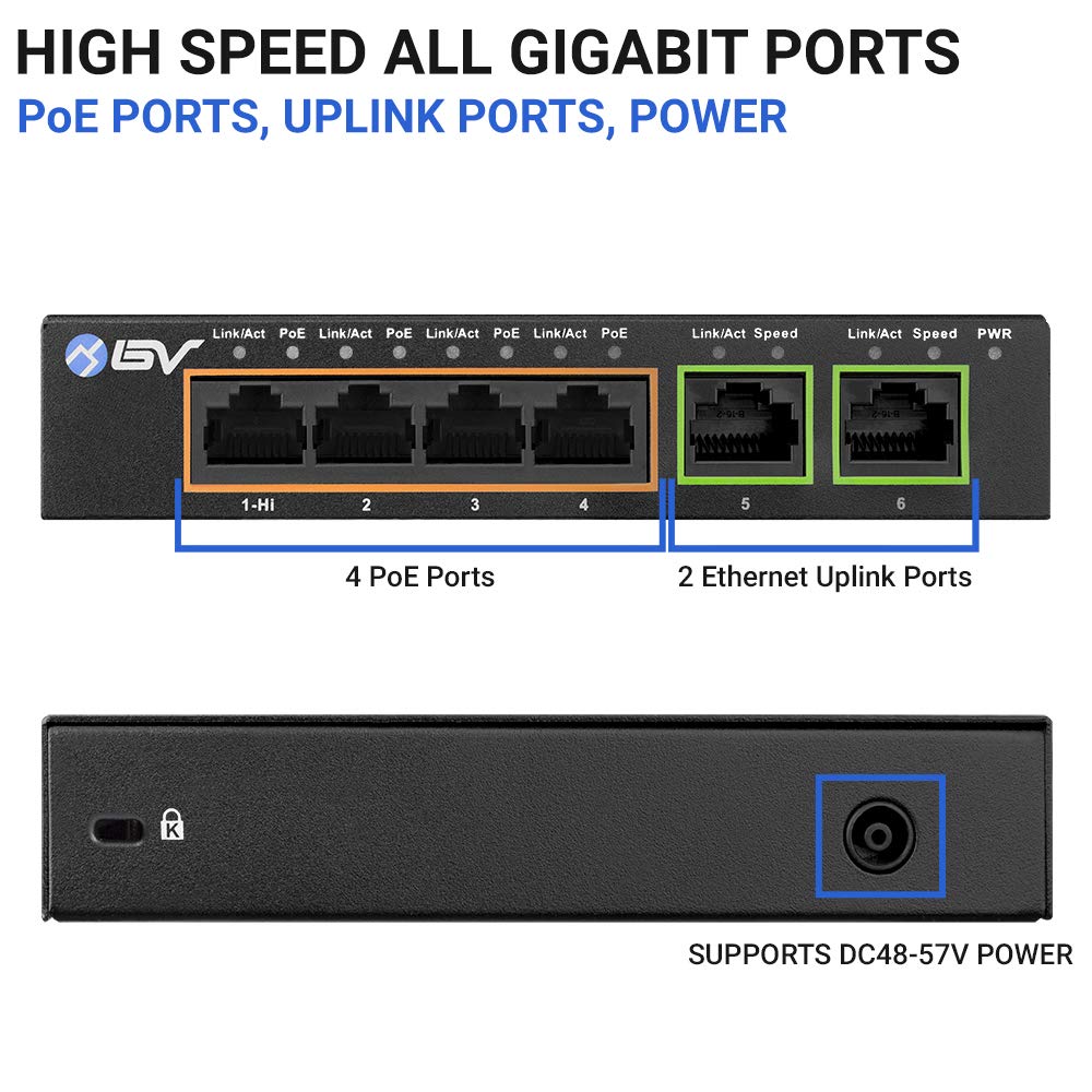 BV-Tech 6 Port PoE+ Switch 4 PoE+ Gigabit Ports with 2 Gigabit Uplink - 60W - 802.3at + 1 High PowerPort | Desktop Fanless Design | Sturdy Metal