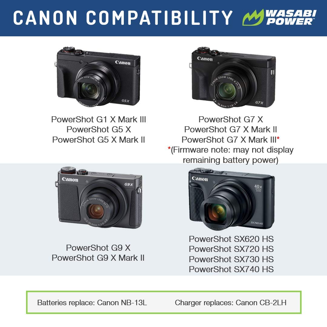 Wasabi Power NB-13L Battery for Canon PowerShot G1 X Mark III, G5 X, G7 X, G7 X Mark II, G9 X, G9 X Mark II, SX620 HS, SX720 HS, SX730 HS, SX740 HS
