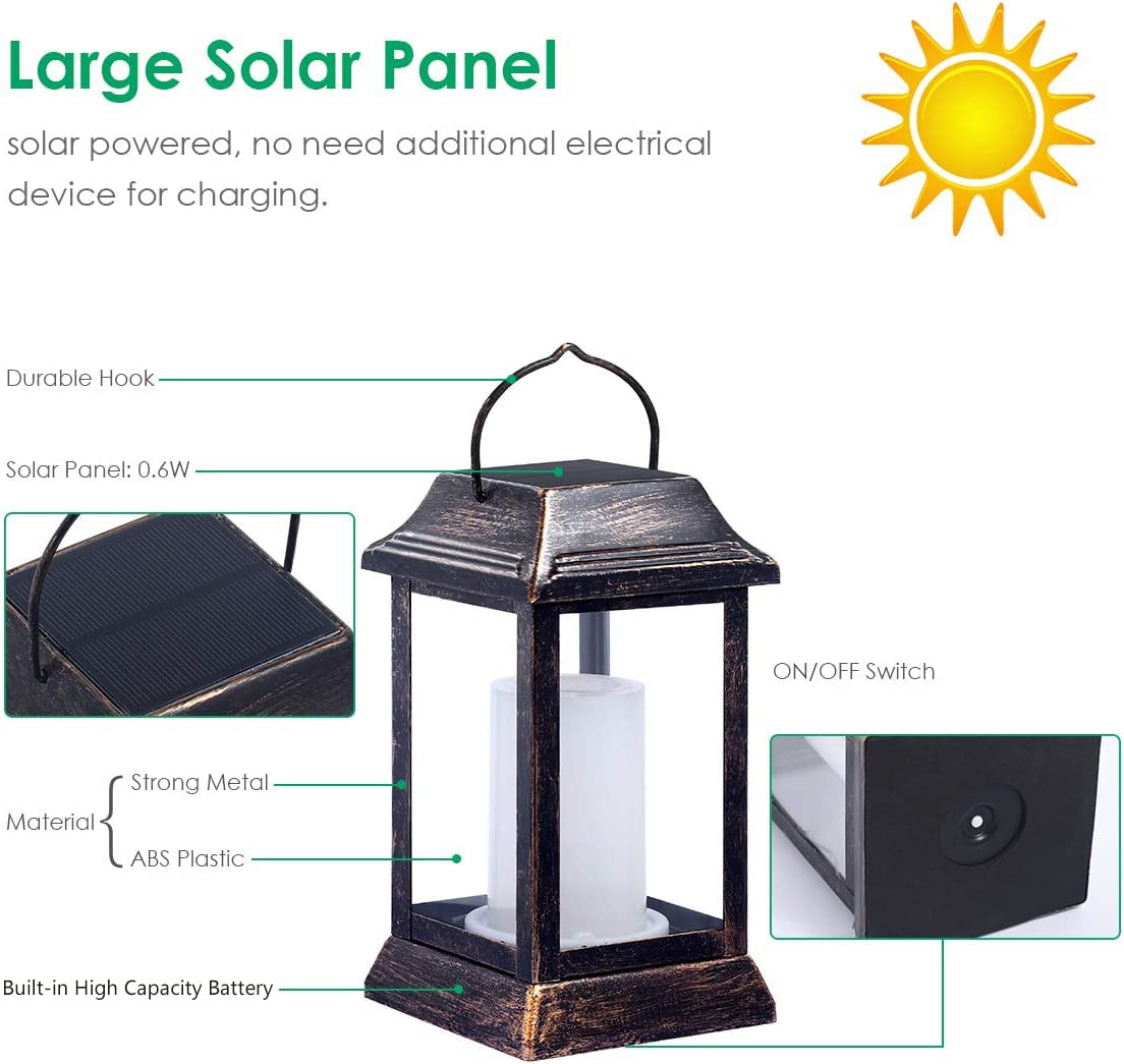 TomCare Solar Lights Metal Flickering Flame Solar Lantern Outdoor Hanging Lanterns Lighting Heavy Duty Solar Powered Waterproof LED Flame Lights