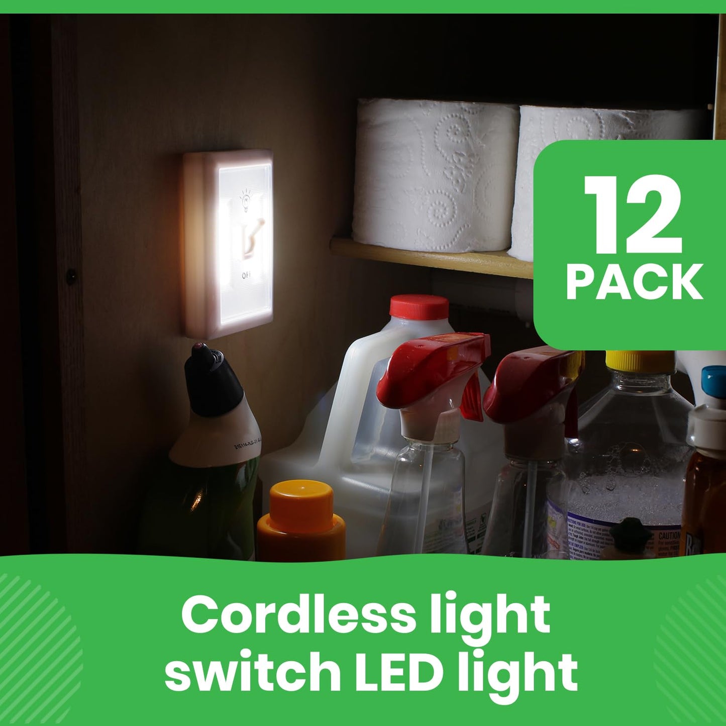 LitezAll COB LED Light Switch Night Light, 12-Pack 200 Lumen Wireless Battery Operated Wall Lights, Stick-On Switch Lights for Closets, Cabinets