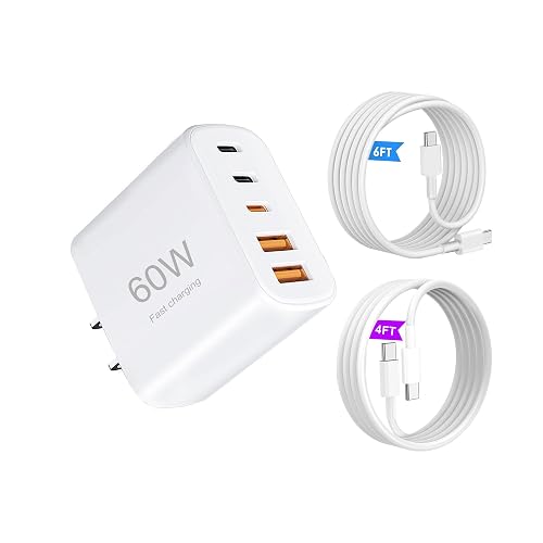 60W USB-C Charger?1-Pack 5-Port (3X USB-C + 2X USB-A) Fast Charging Block with 4FT + 6FT C-to-C Cables?Compatible for i Phone 17/17 Pro/17 Pro