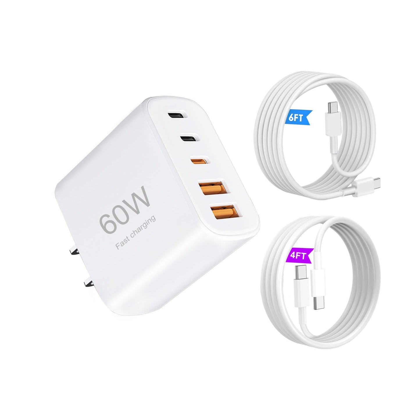60W USB-C Charger?1-Pack 5-Port (3X USB-C + 2X USB-A) Fast Charging Block with 4FT + 6FT C-to-C Cables?Compatible for i Phone 17/17 Pro/17 Pro