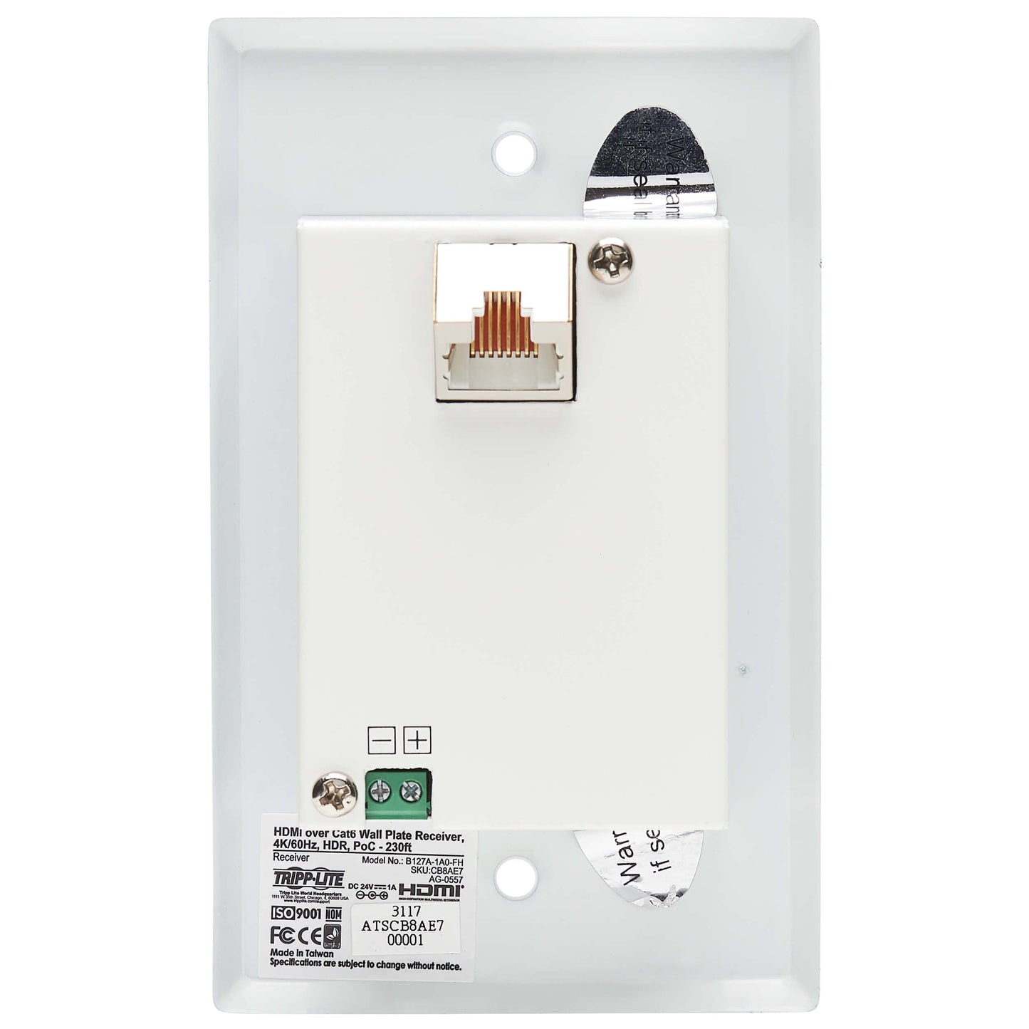 Tripp Lite HDMI Over Ethernet Cat6 Receiver, 1-Port Wall Plate - Up to 230 feet or 70.1 Meters - 4K 60Hz Video, HDR, 4:4:4, PoC, HDCP 2.2, TAA
