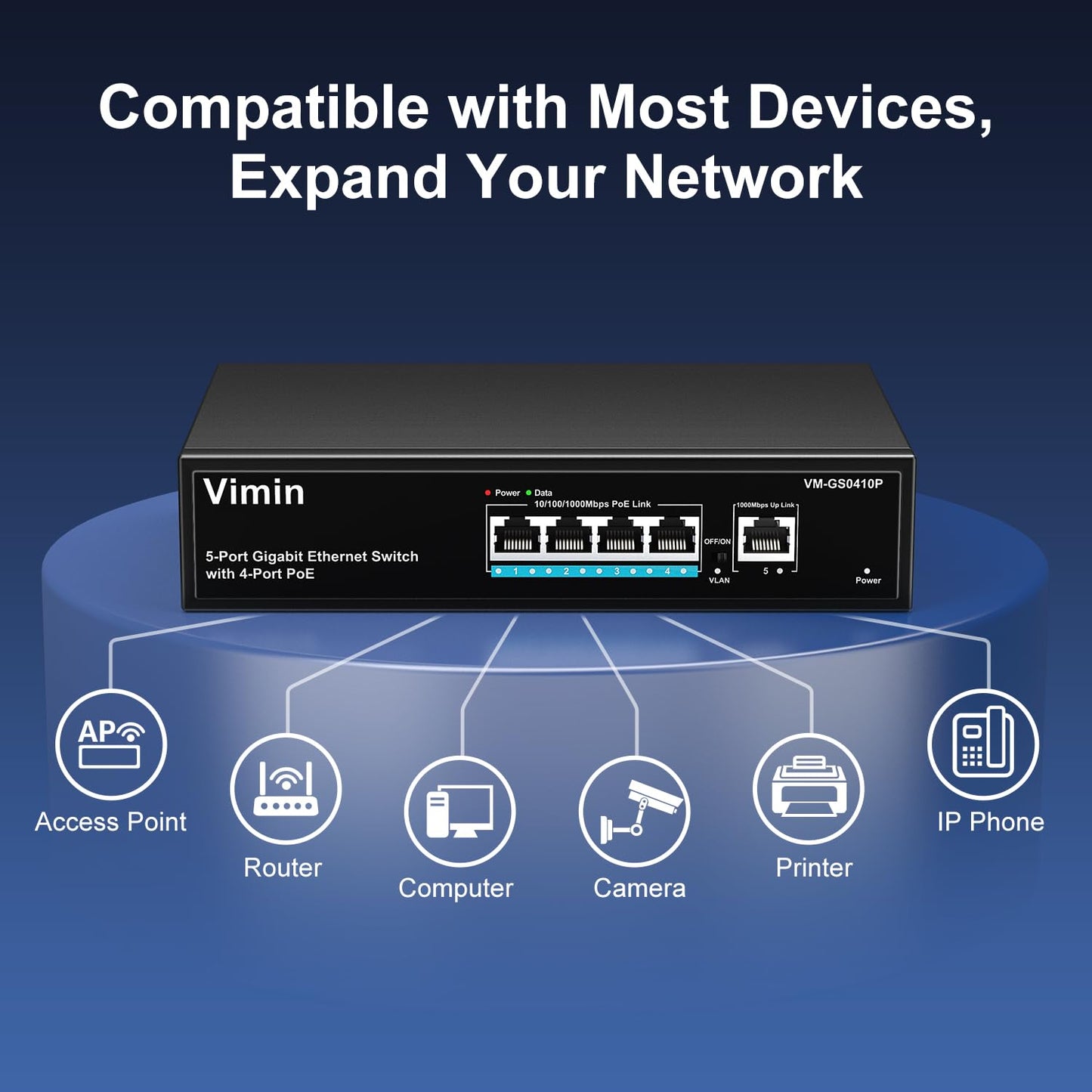 4 Port Gigabit PoE Switch with 1 Uplink Gigabit Ports, VIMIN 5 Port Unmanaged Ethernet PoE Switch with 72W Power, Support IEEE802.3af/at, VLAN, Metal