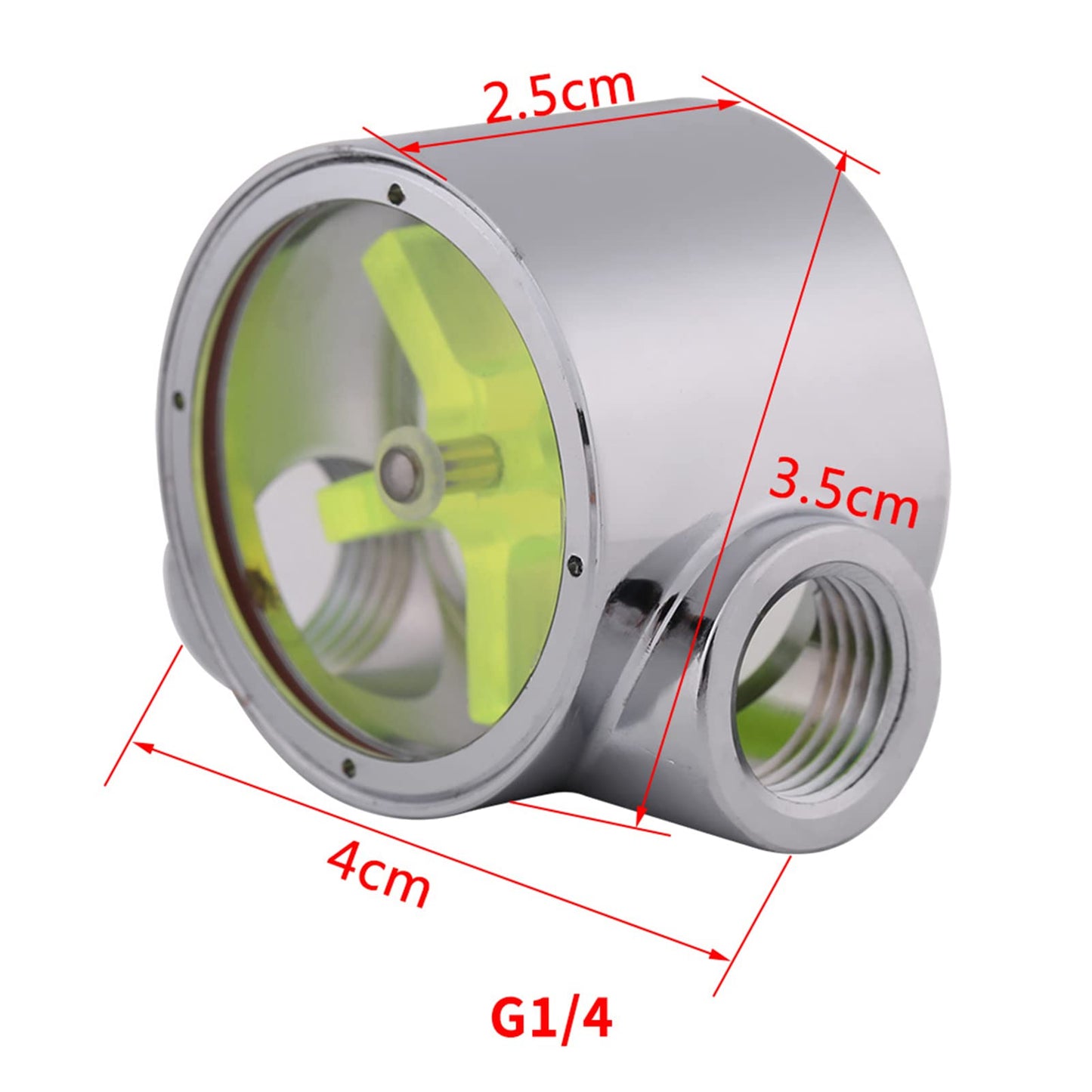 G1/4" Meter Indicator, Female to Female Thread Tungsten Alloy Water Indicator, with Green Impeller, for Computer Water Cooling System