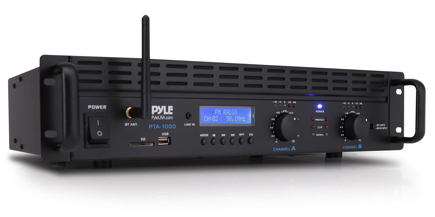 Pyle 2-Channel Rack Mount Power Amplifier with Bluetooth - 2000W Bridgeable with TRS XLR Input, Speakon Outputs, USB-A Input with MP3 Player, Bridge