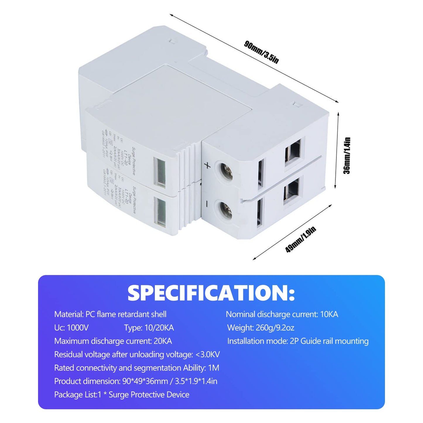 Voltage Arrester Device 2P Protective Device DC Photovoltaic Protector Low Voltage Arrester 3.0KV