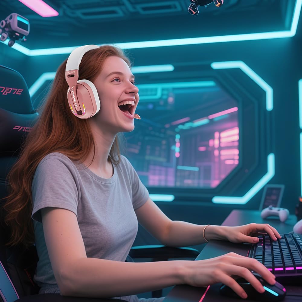 MZYMI 2.4GHz Wireless Gaming Headset for PC, PS5, PS4, Switch - Bluetooth 5.4, 20H Battery, with ENC Noise Canceling Microphone, Cool Lighting, 40mm