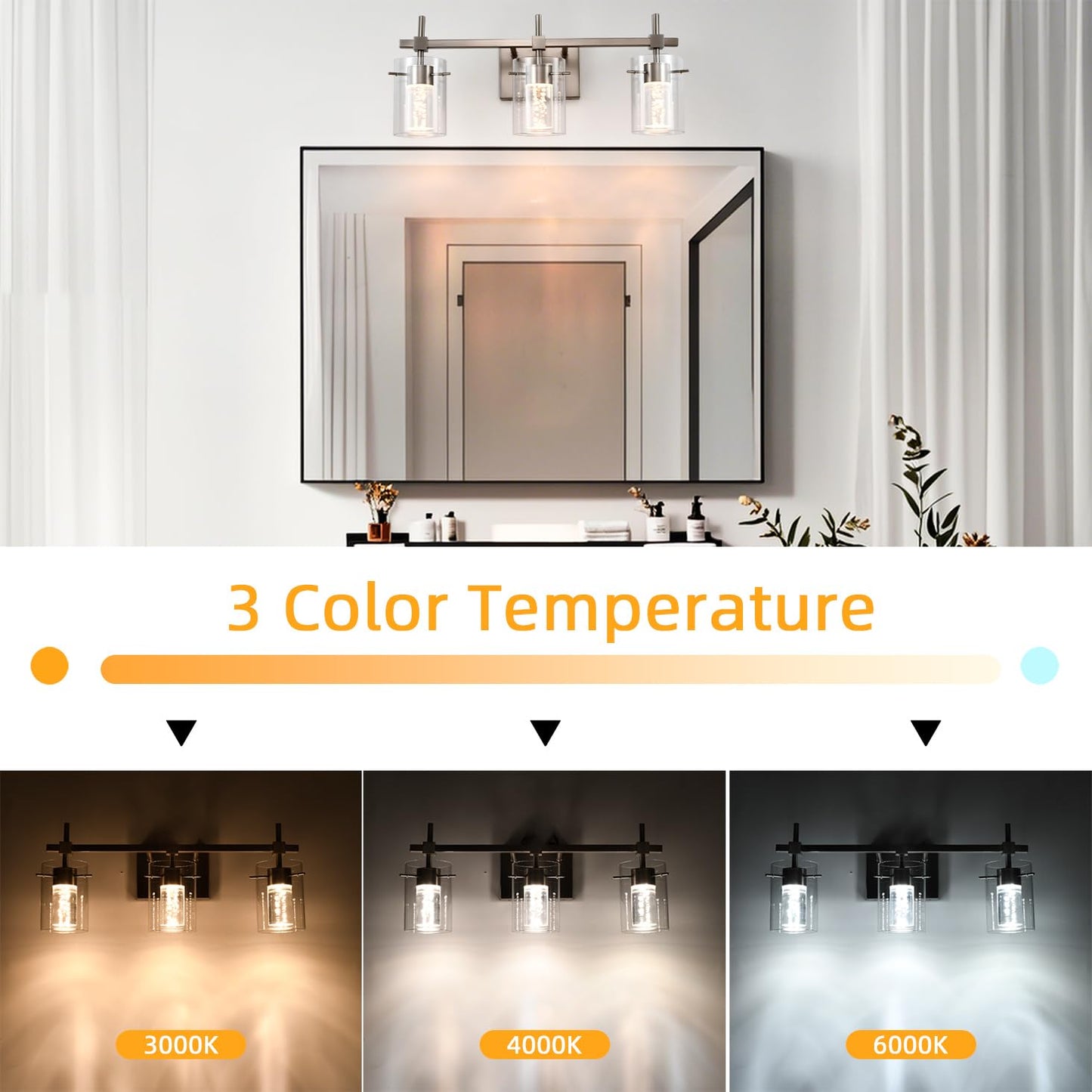 NOVCAND Bathroom Light Fixtures 3-Light, Brushed Nickel Vanity Light Over Mirror Dimmable 3 Color (3000K/4000K/6000K), Eye Protection LED Bathroom