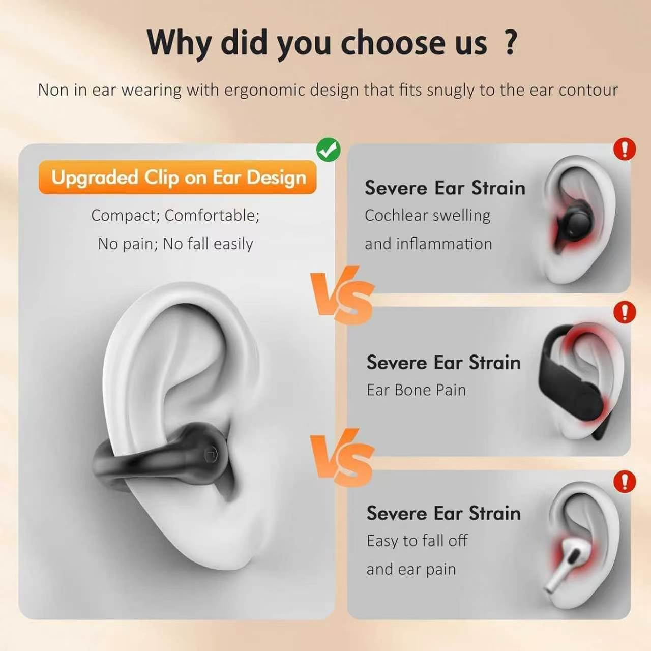 Open Ear Bone Conduction Headphones Bluetooth 6.1 Wireless Clip On Earbuds