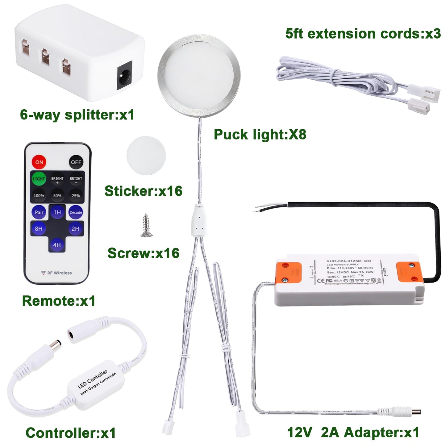 AIBOO Linkable Under Cabinet LED Lighting 12V Dimmable Puck Lights Hardwired with Wireless RF Remote Control for Kitchen Mood Lighting(8 Lights