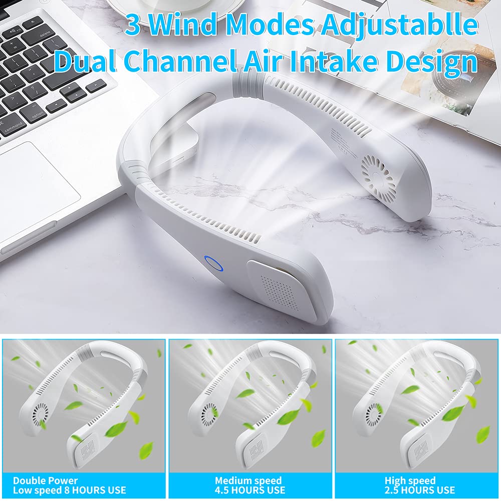 zeriyu Portable Neck Fan, 2600mAh Wearable Personal Fan, 360° Adjustable Cooling Hanging Fan with USB Rechargeable, 3 Speed Bladeless Neck Fan