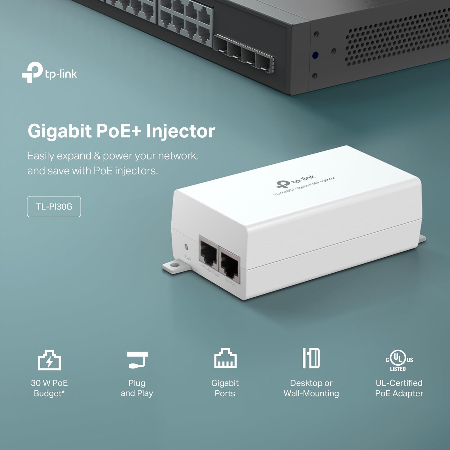 TP-Link TL-PI30G | IEEE 802.3at/af Gigabit PoE+ Injector | Non-PoE to PoE Adapter | Supplies up to 30W | Plug & Play | Desktop/Wall-Mount | Power Over