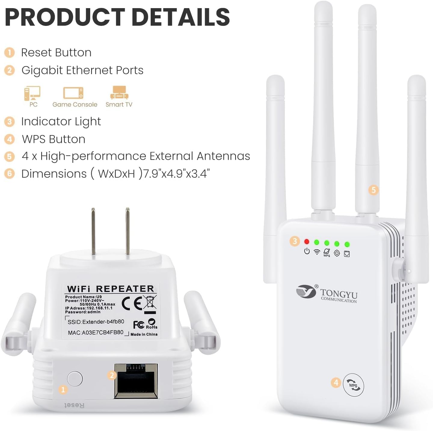 Tongyu WiFi Repeater Signal Booster for Home and Outdoor,WiFi Extender Full Coverage Range 5000 sq.ft and 35 Devices with Repeater Ap Router 3-in-1