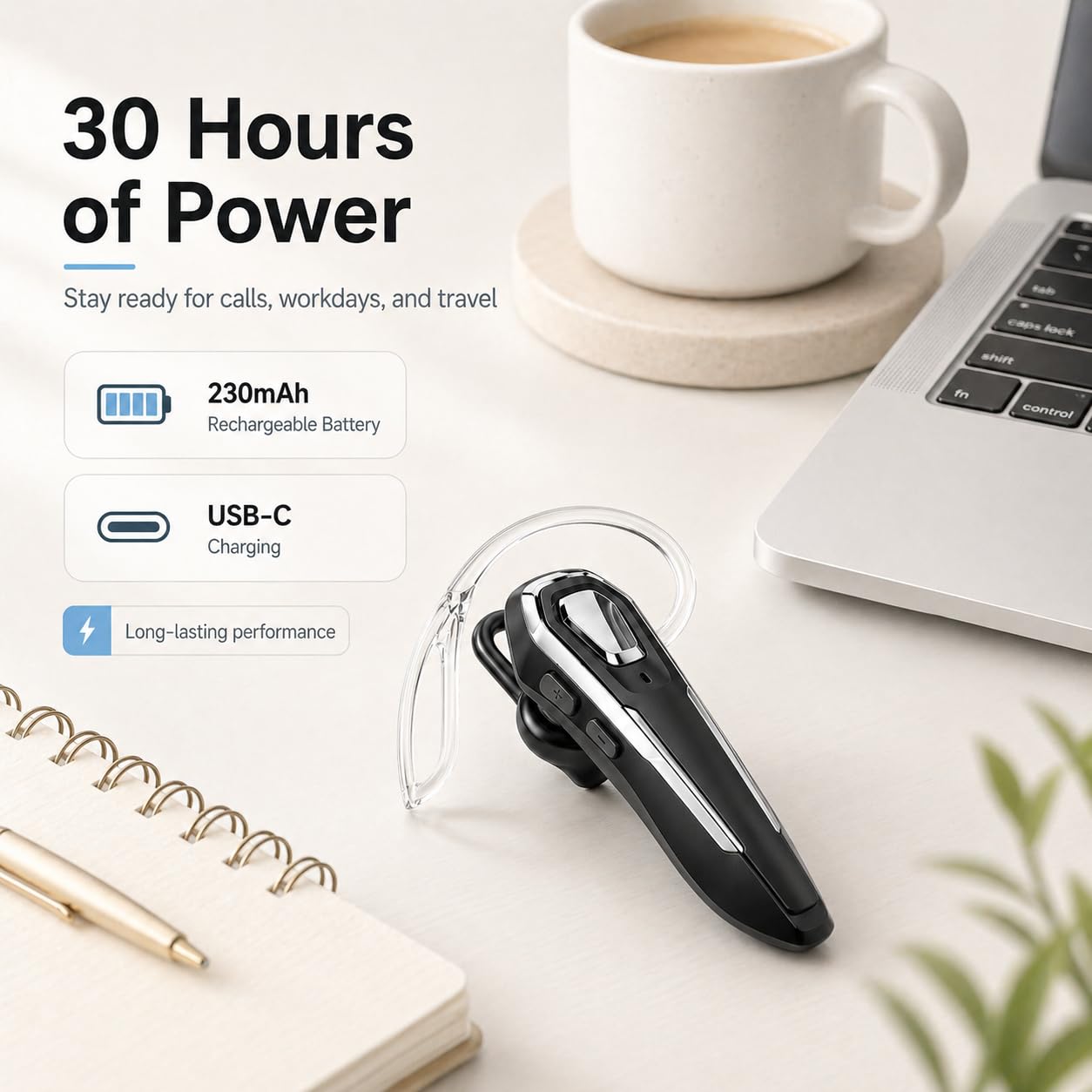 Sellwell Sliver Bluetooth Earpiece with Mic, Mono Wireless Headset, 30H Call Time, Dual MEMS Mics, Mute Button, USB-C Charging, Voice Assistant