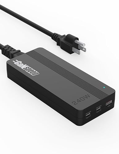 GaNspeed Portable 240W GaN PD USB C USB A Desktop Charger Adapter, 3-Port PPS Fast Charging with 3Ft Removable AC Cord for MacBook Air Pro Laptop