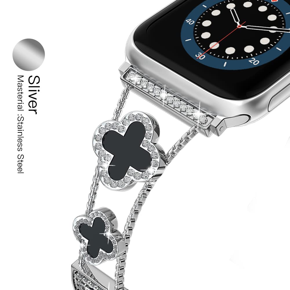 Musk MSKR Clover Silver Black Women's Band Compatible with Apple Watch 38mm 40mm 41mm 42mm (S10) Adjustable Metal Bracelet Breathable Jewelry Strap