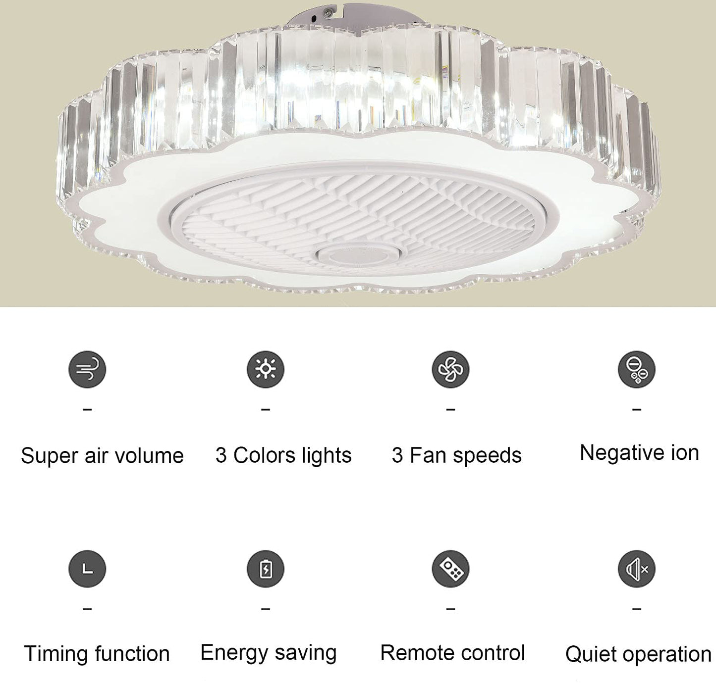 TFCFL Modern Ceiling Fan with Lights,Crystal LED Semi Flush Mount Light Fandelier with Remote Control,Stepless Dimmable 3 Colors and 6 Speeds,23 Inch