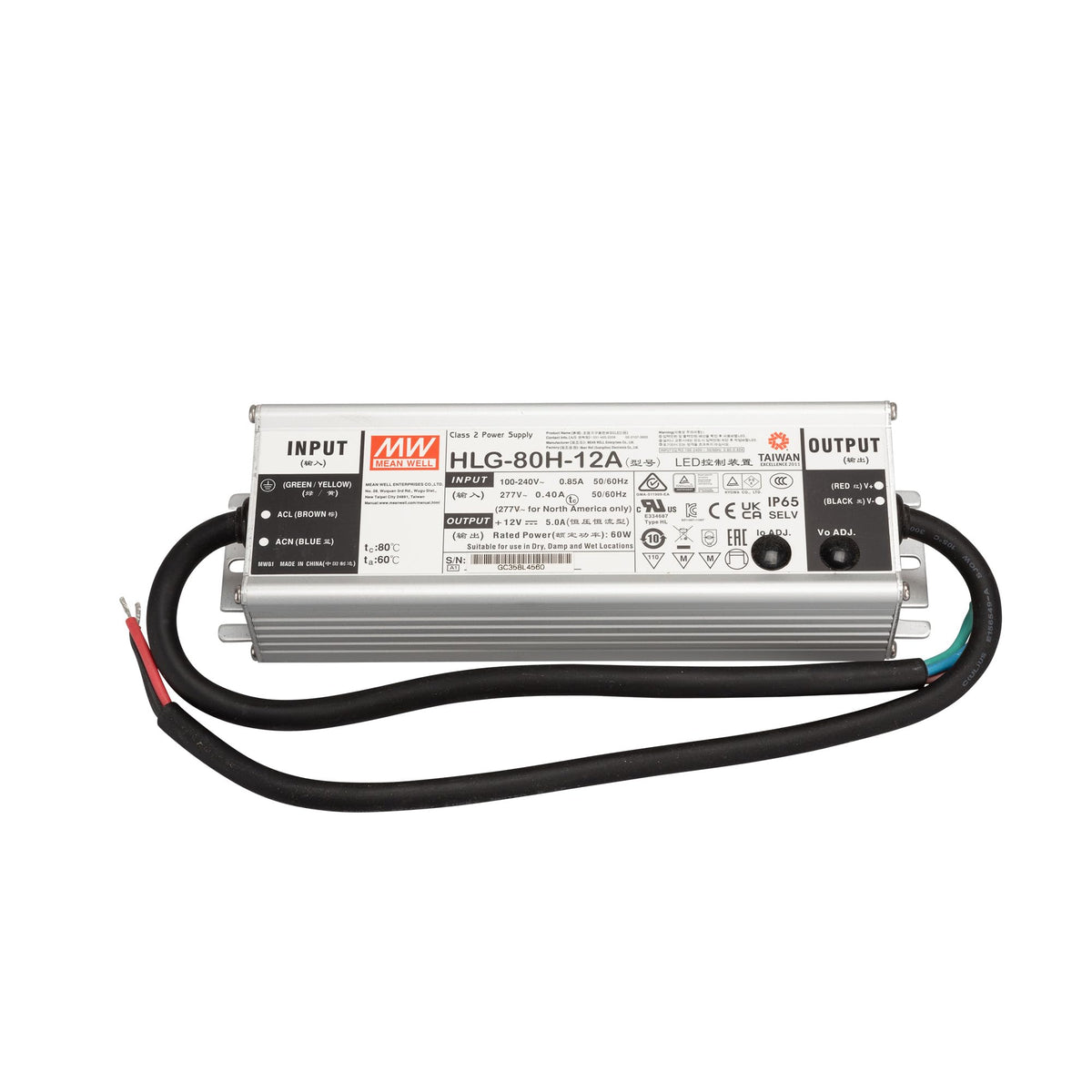 MEAN WELL HLG-80H-12A LED Driver Single Output Switching Power Supply, A Model, 12 Volt, 5 Amp, 80 Watt