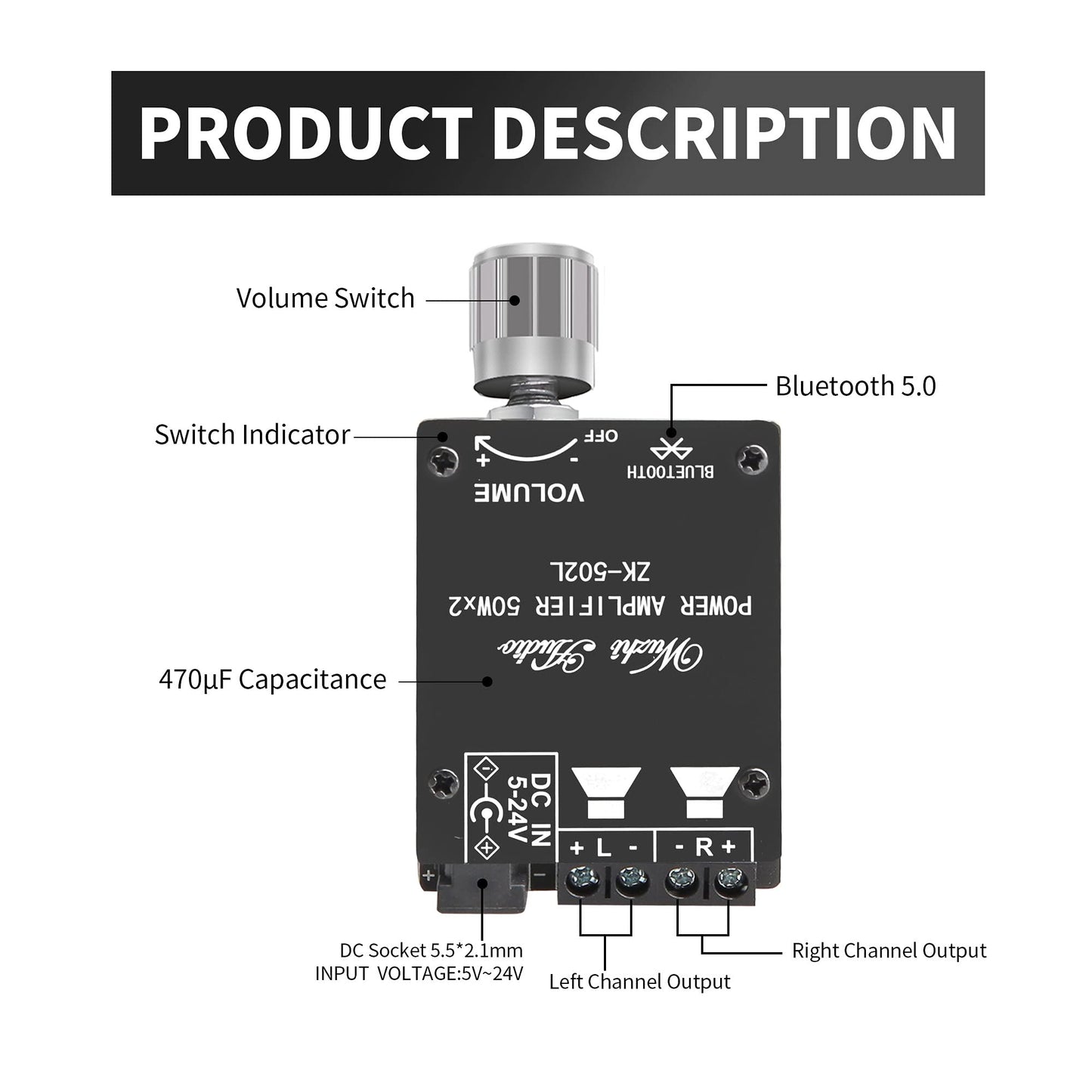 Wuzhi Audio ZK-502L Power Amplifier Board Class D AMP Module for DIY Wireless Speaker (ZK-502L)