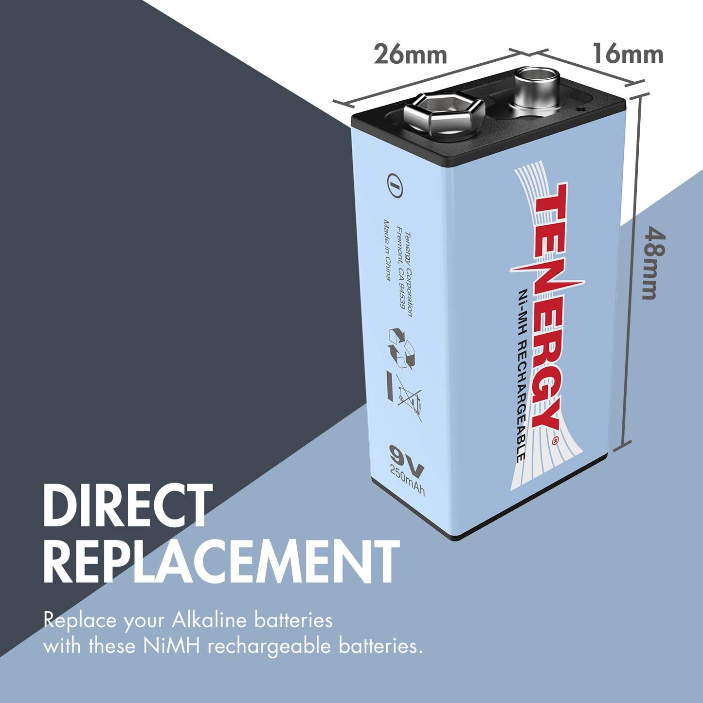 Tenergy 9V NiMH Battery, High Capacity 250mAh Rechargeable 9 Volt Batteries for Smoke Detector/Alarms, TENS Unit, Metal Detector, and More, 10 Pack