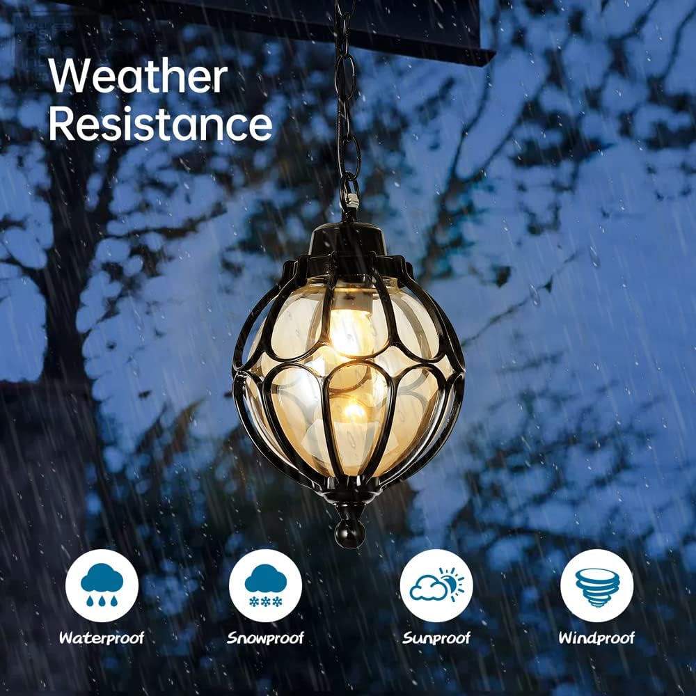 SLAWA Outdoor Pendant Light For Porch Farmhouse Exterior Hanging Lights With Adjustable Chain Anti-Rust Aluminum With Ball Amber Glass Waterproof