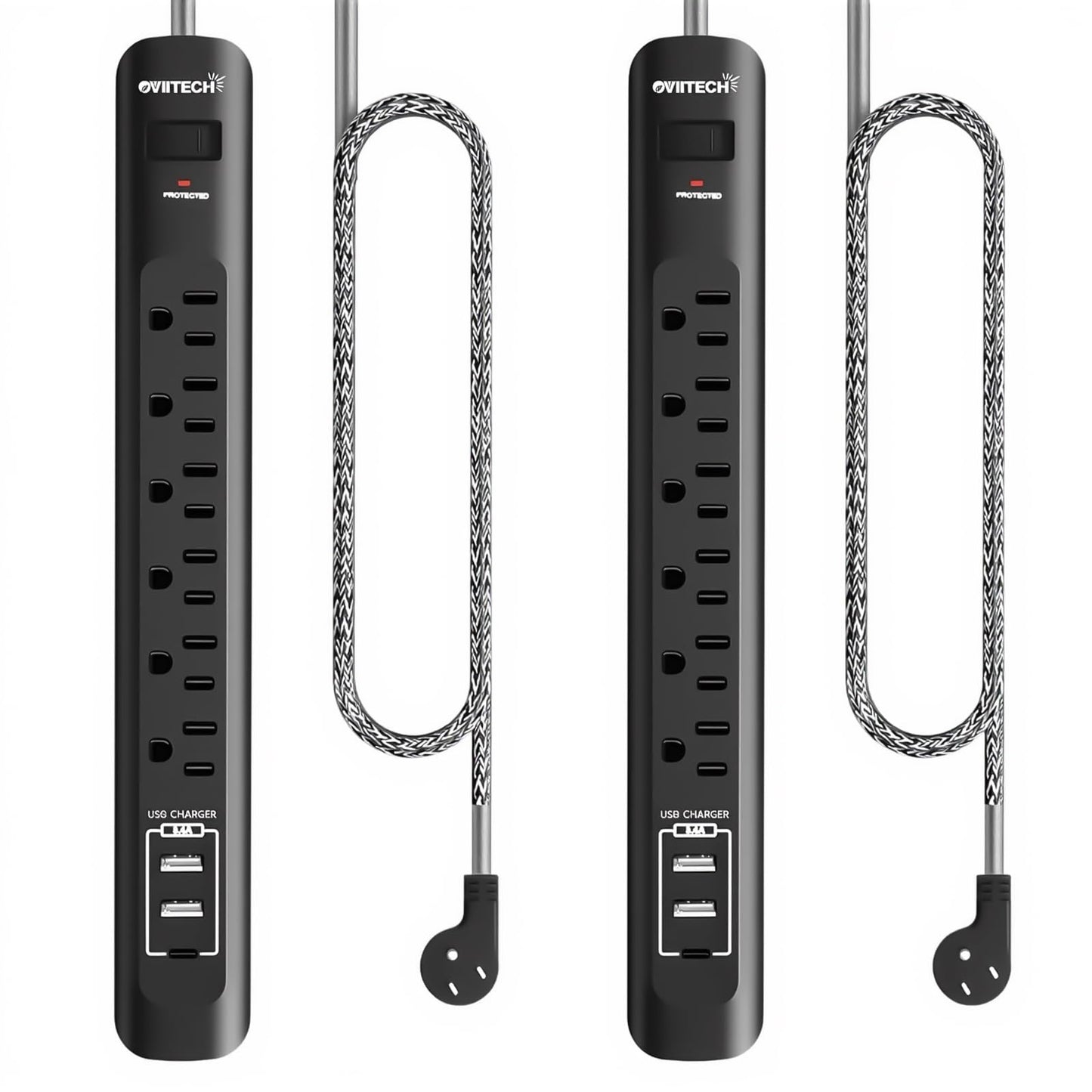 2 Pack Power Strip Surge Protector - 5Ft Extension Cord with 6 Outlets with 3USB Ports(1 USB C) Port, 1875W/15A, Flat Plug, Wall Mount Desk Charging