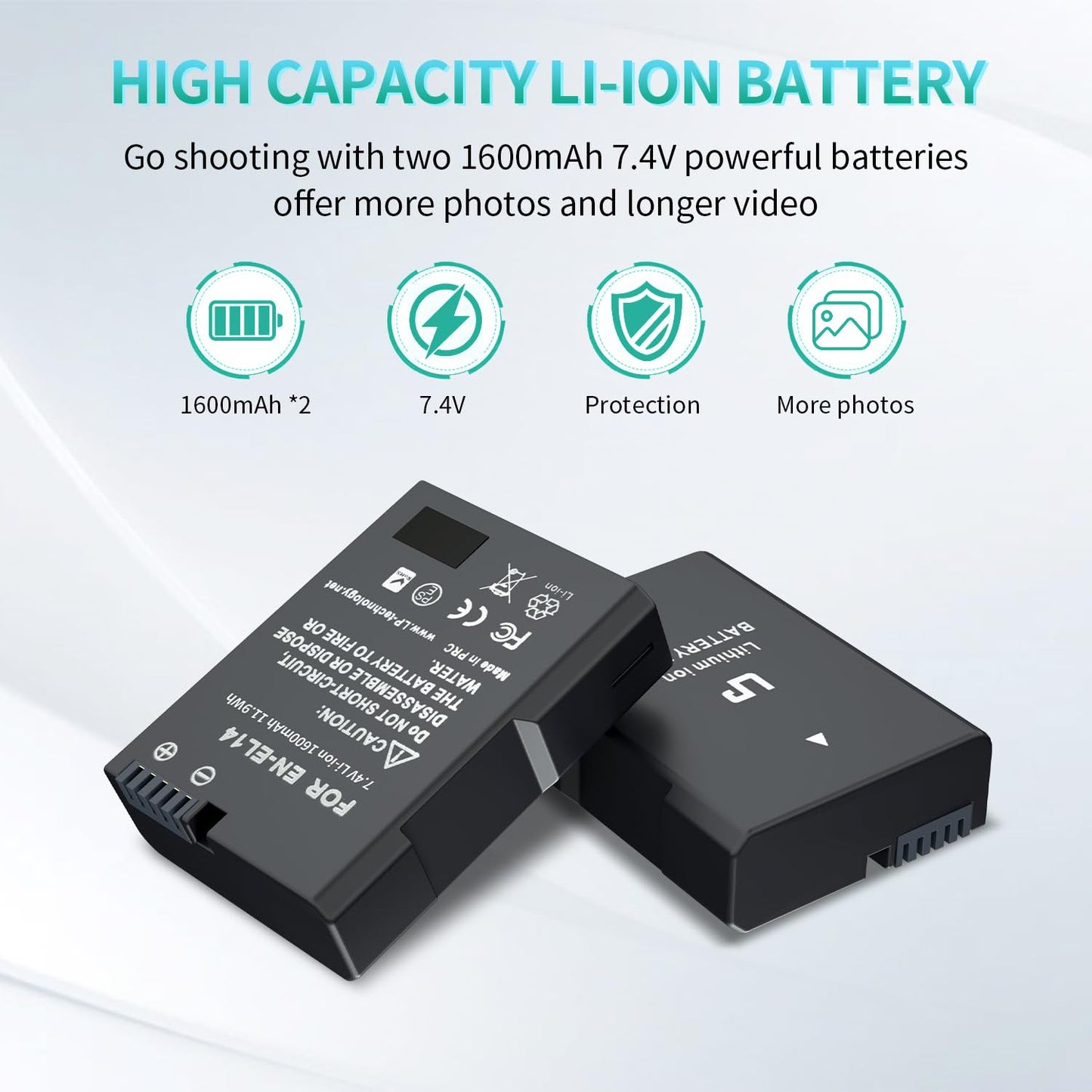 LP EN-EL14 EN EL14a Battery Charger Pack, 2-Pack 1600mAh Battery & Dual Slot Charger, Compatible with Nikon D3100 D3200 D3300 D3400 D3500 D5100 D5200