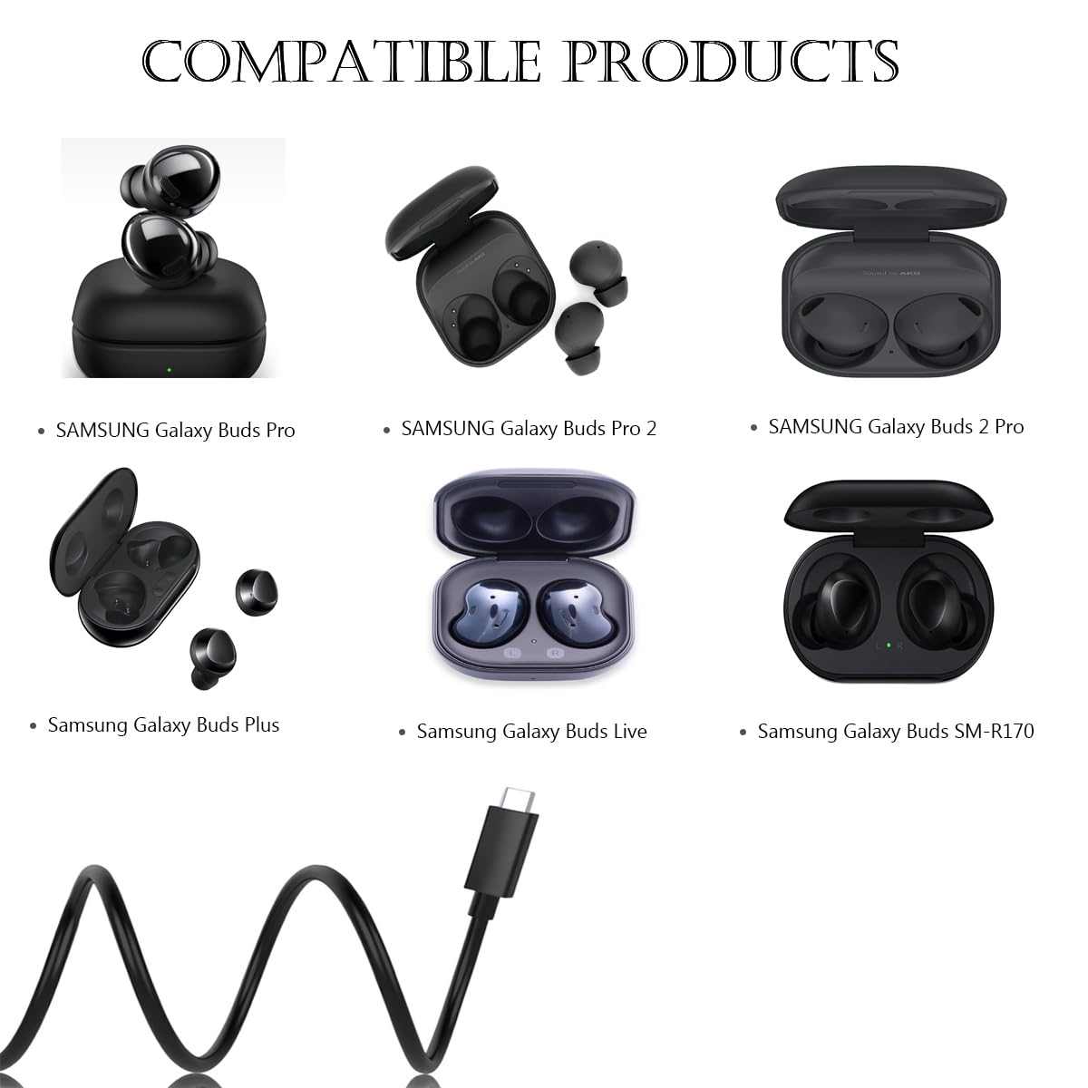 USB C Charger Cable Compatible for Samsung Galaxy Buds Pro, Buds Pro 2, Galaxy Buds 2 Pro, Galaxy Buds+, Plus, Galaxy Buds SM-R170, SM-R175, SM-R180