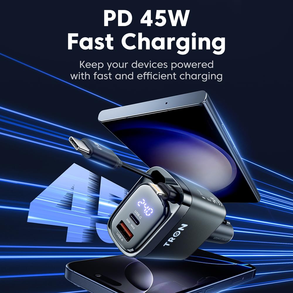 TRON 105W 4-in-1 Retractable Car Charger, Aluminum Alloy USB-C & Lighting Car Adapter with Smart Digital Display, Fast Charging for iPhone