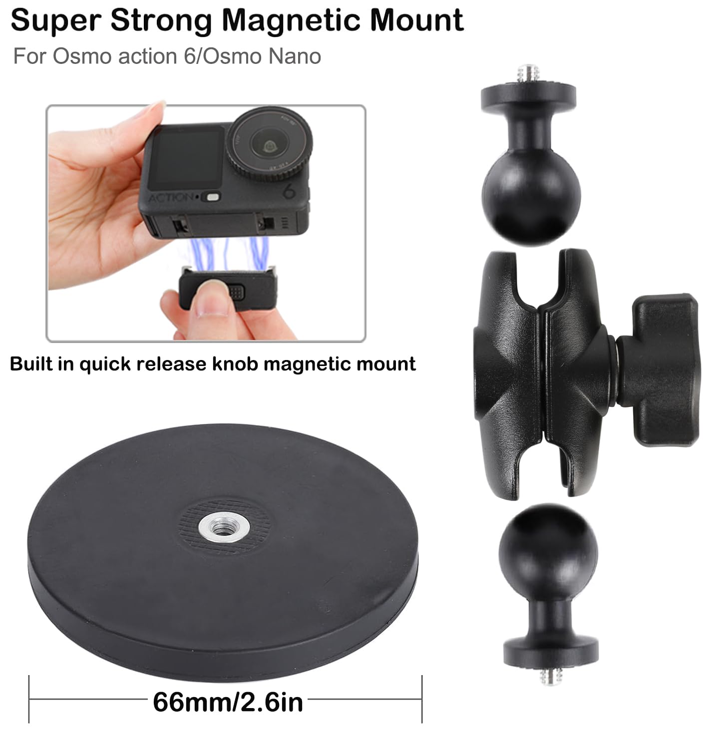 PellKing Handlebar Clamp Car Mangnetic Mount for DJI Osmo Action 6/Nano,Quick Release Mangetic Mount 66mm Magnetic with 360 Degree Rotation,Ball Head