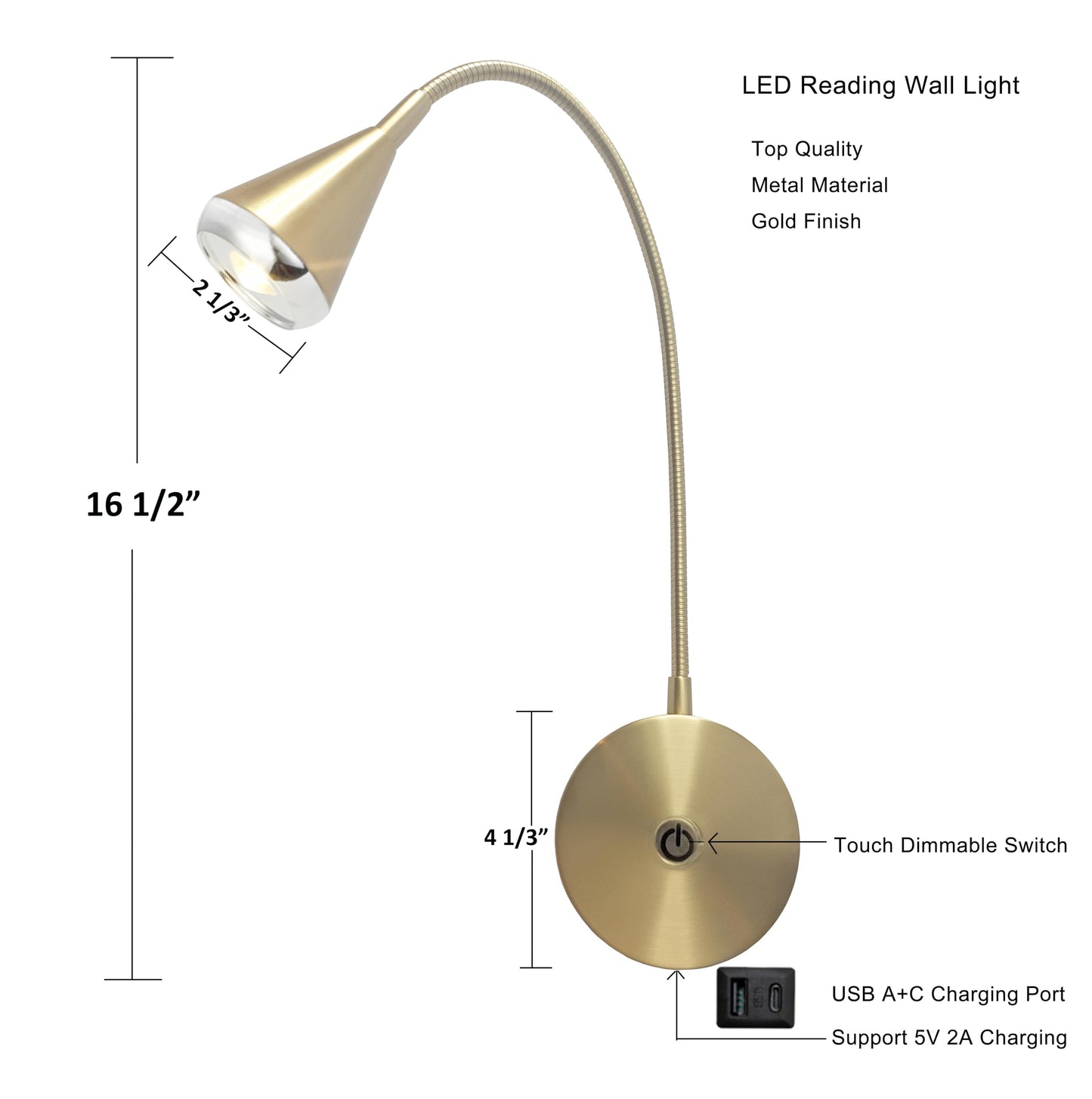 HomeFocus Wall Light,LED Wall Lamp,Eye-Caring Bedside Reading Wall Light,Gold
