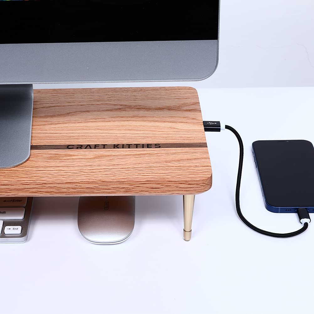 CRAFT KITTIES Wood Riser Monitor Stand with USB Ports Computer Stand w/Slot for Tablet & Cellphone Computer Riser w/Big Storage, Dual Monitor Riser