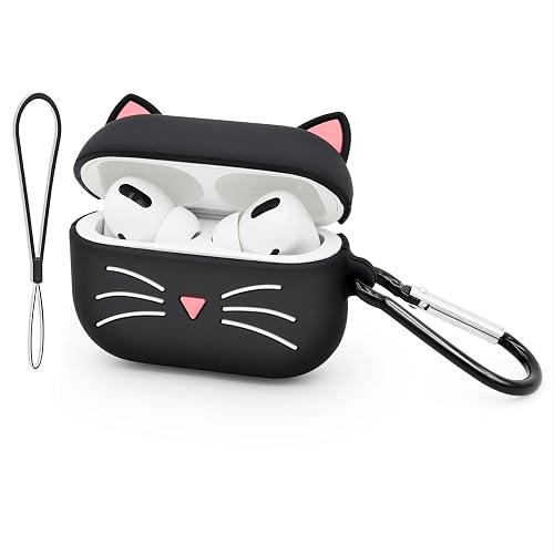 YONOCOSTA Cute Airpods Pro Case, Black Whisker Cat Kitty Airpods Pro 2 Case, Funny 3D Cartoon Animals Shockproof Soft Silicone Charging Cover