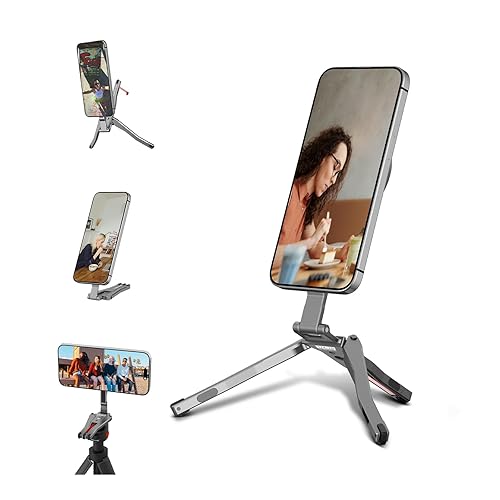 Magnetic Phone Tripod for MagSafe, Aluminium Grip Stand Foldable Portable Mini Desk Travel Phone Holder Adapter with 1/4" Screw & Hook for iPhone 17