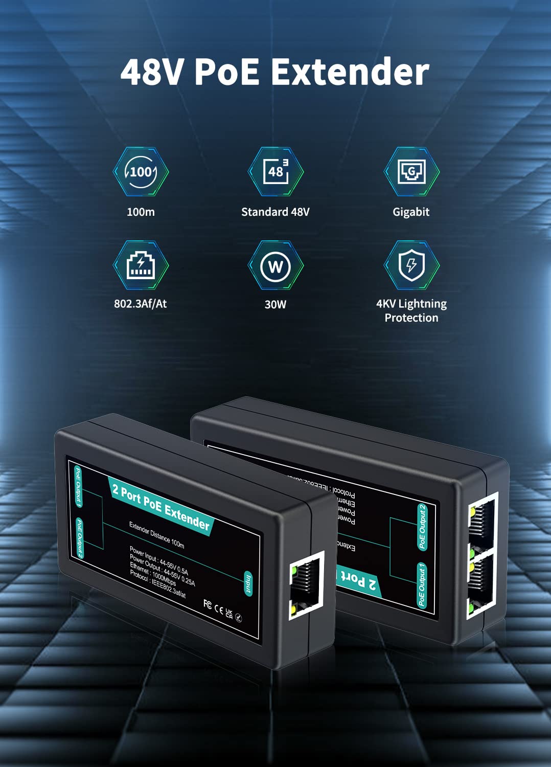 1 in 2 Out Gigabit PoE Extender, NICGIGA 2 Port PoE Repeater 100 Meters(328 ft),IEEE 802.3af/at Power Over Ethernet PoE Splitter to 2 PoE Devices Like