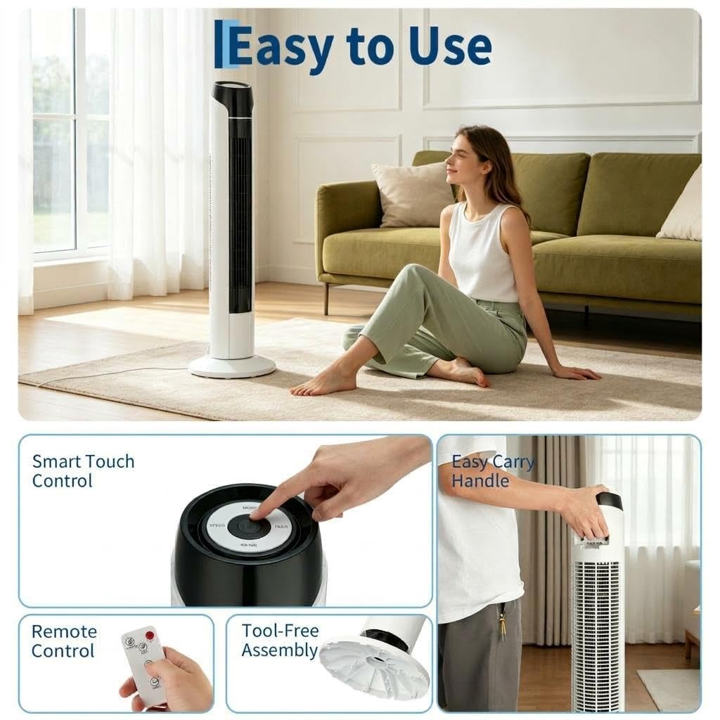 JustSmart Tower Fan - Upgraded DC Motor, 56dB Quiet, 18ft/s Airflow, 60° Oscillating, Remote & Touch Screen