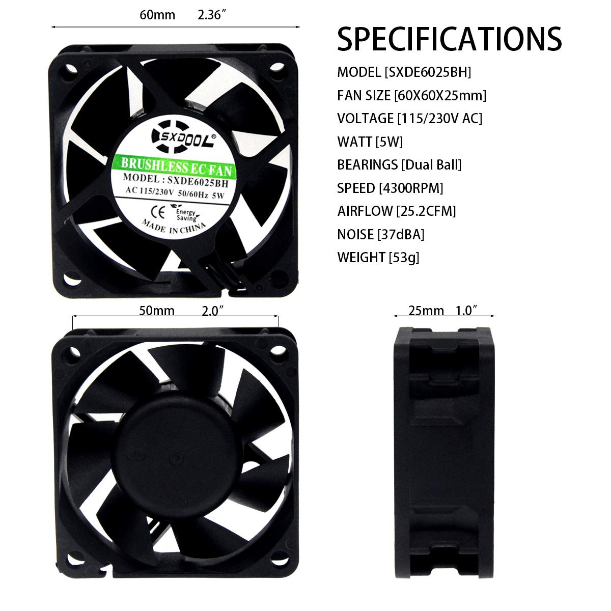 SXDOOL EC Cooling Fan 60x25mm AC 110V 115V 120V 220V 240V Dual Ball Bearings for Chassis case cabinets projectors