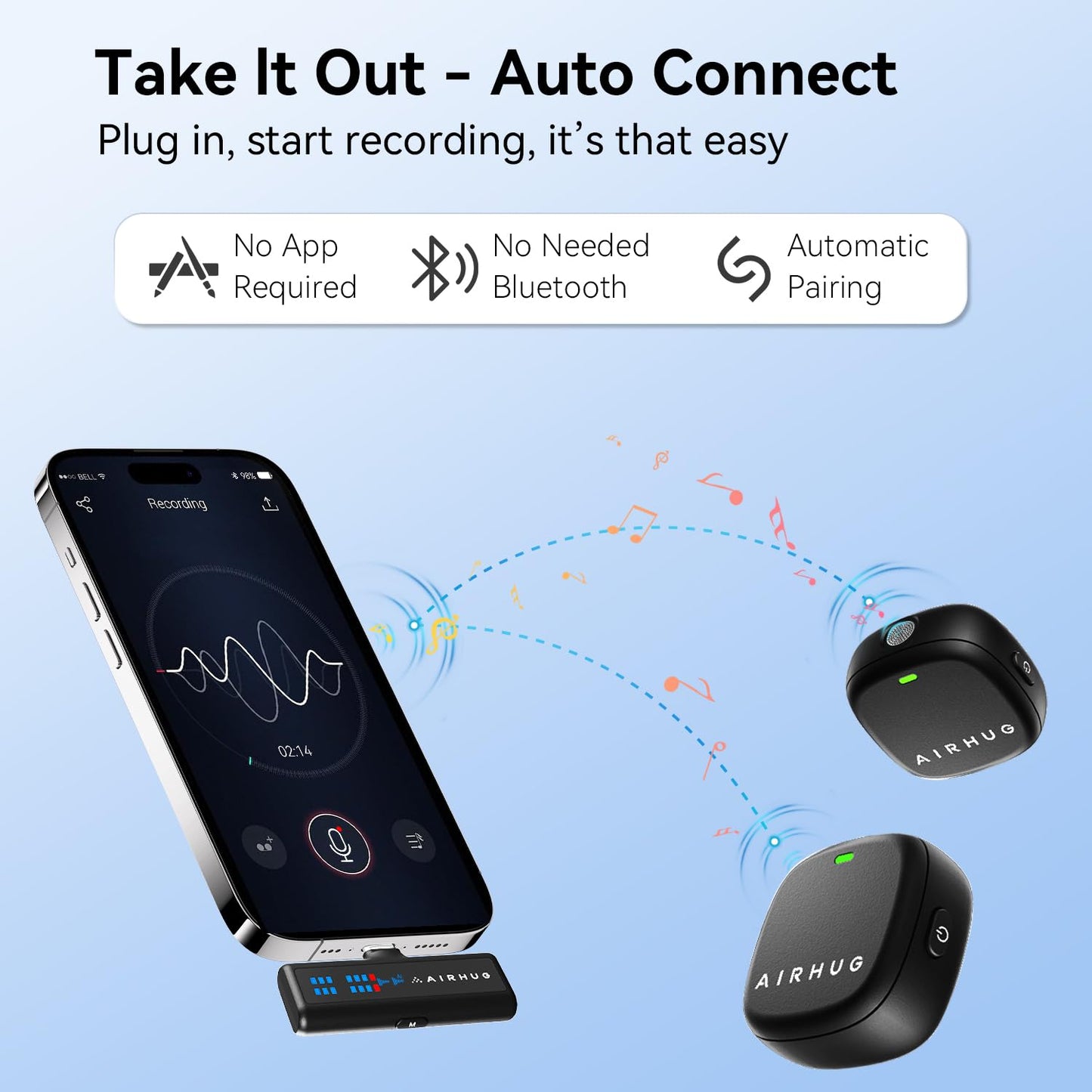 AIRHUG Wireless Lavalier Microphone for iPhone/Android/PC, 60H Battery, 48KHz 24Bit, Plug-Play Lightning/USB-C, 3 Recording Modes, AI Noise