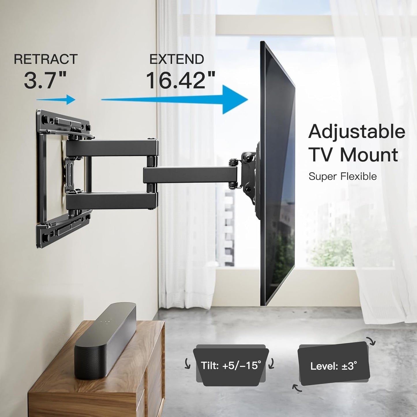 Pipishell Full Motion TV Wall Mount for 26-65 inch TVs up to 99 lbs, TV Mount with Dual Arms, Swivel, Tilt, Max VESA 400x400mm, 3 Bracket Heights