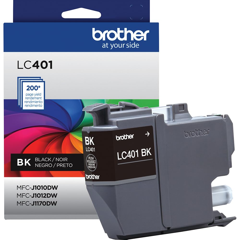 Brother Genuine LC401BK Black Standard Yield Ink Cartridge, Bundle with Deco Essentials Printer eBook for MFC-J1010DW, MFC-J1170DW