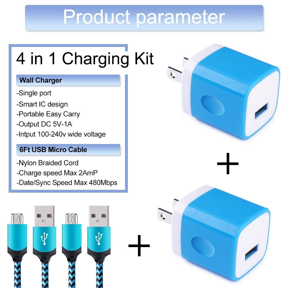 Android Phone Charger Micro Cable,4-Pack Wall Plug 1A/5V Power Adapter with 6ft Nylon Braided Fast Charging Micro USB Cord Compatible Samsung Galaxy