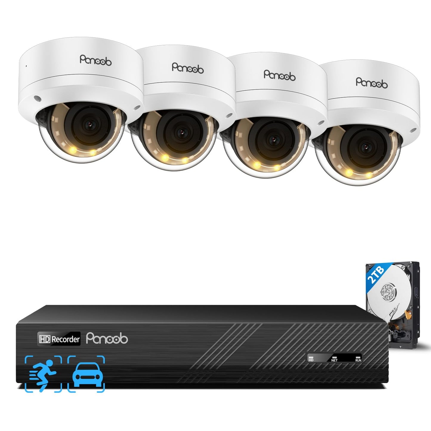 PANOOB 4K Home Security Camera System, 4pcs 8MP Wired IP Vandal IK10 Dome Cameras Outdoor, AI Person Vehicle Detection, Smart Color Night Vision, 2