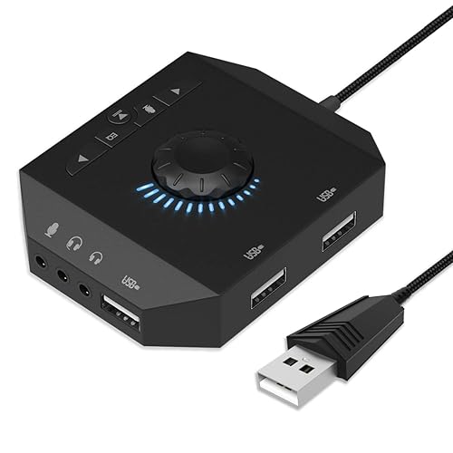 Tendak USB Hub with Audio Adapter, External Sound Card with 3.5mm Headphone Microphone Jack and Volume Control 3 Port USB Hub for Laptop PC HDD Disk