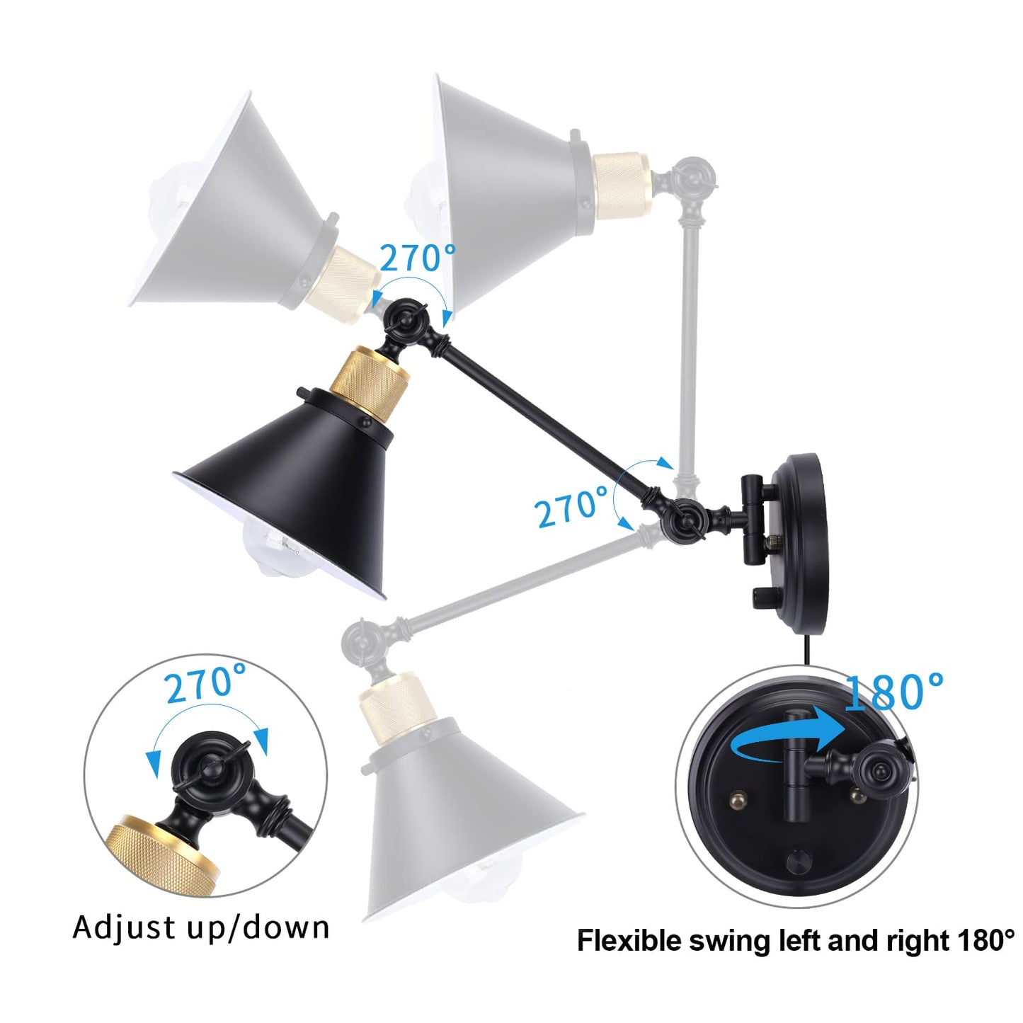 TRLIFE Wall Sconce Plug in, Dimmable Wall Sconces Swing Arm Wall Lights with Plug in Cord, Wall Mounted Light with Dimmer On/Off Knob Switch, UL